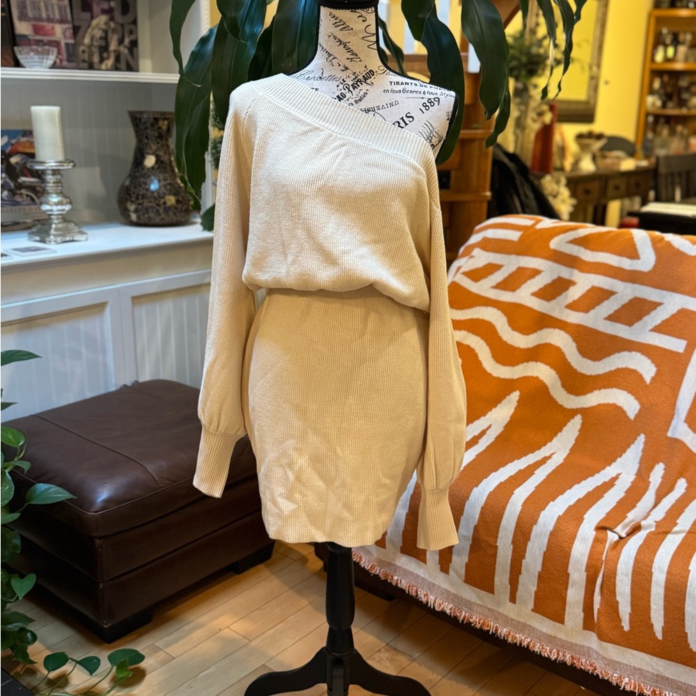 Cream Off-Shoulder Sweater Dress